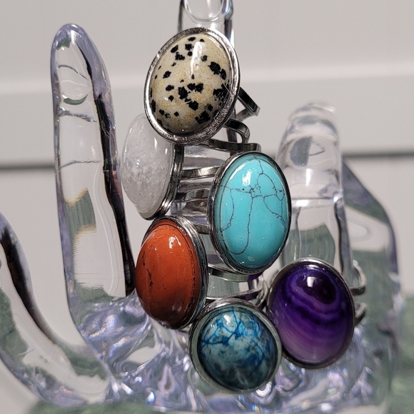 Multi-Variety Stone Silver Stainless Steel Rings Size 7-8 - Picture 8 of 16